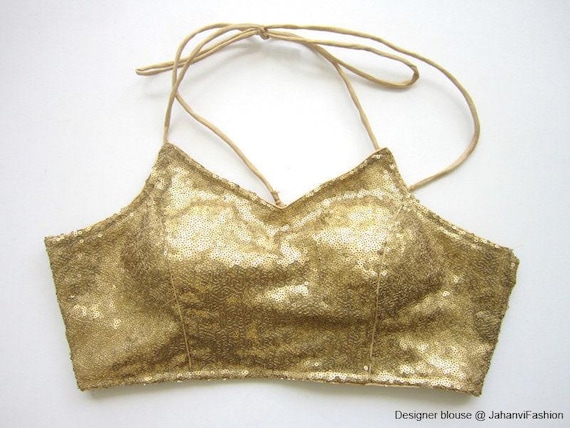Halter Neck Sequin Saree Blouse: Golden Backless Indian Bollywood Sari Top