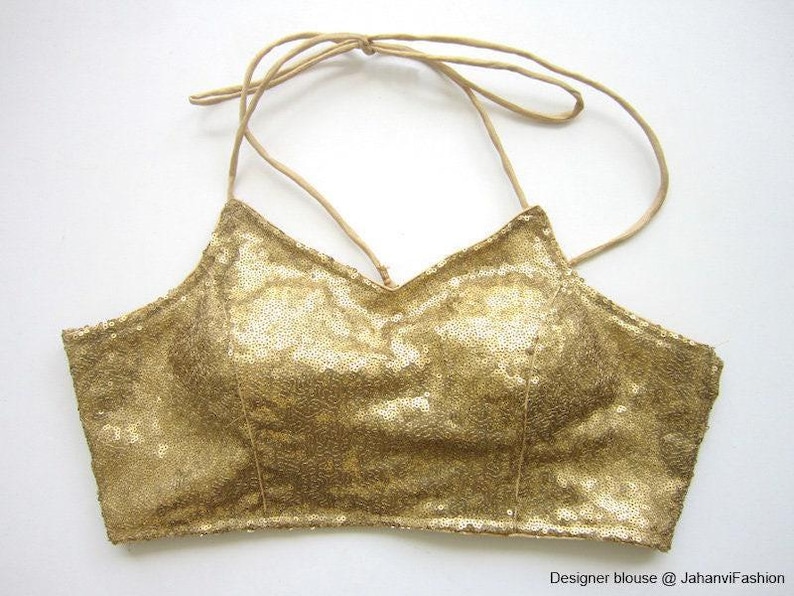 Backless Halter Neck Glitter Sequin Saree Blouse: Indian Golden Sari Top image 1