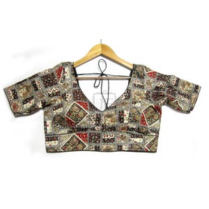 V-Neck Sabyasachi Saree Blouse: Designer Checks Pattern, Short Sleeves