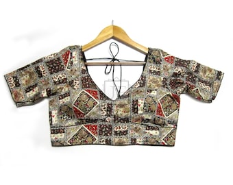 Sabyasachi Style V-Neck Saree Blouse for Women, Rayon Printed Padded Crop Top, Custom Made Back Hook Blouse, Party Dance Performance Wear
