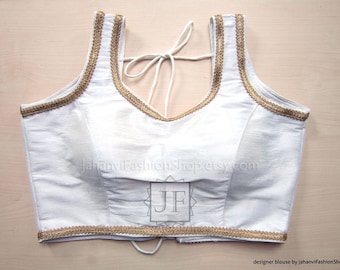 Saree Blouse: White Sleeveless with Golden Lace - Banarasi Silk