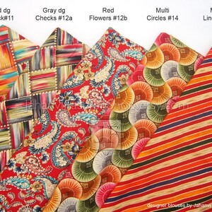 May include: A collection of patterned fabric samples. The samples include red and yellow checks, gray checks, red floral paisley, multi-colored circles, and red and orange stripes. The text on the image reads "Red dg Check#11", "Gray dg Checks #12a", "Red Flowers #12b", "Multi Circles #14", and "Multi Lines #15".