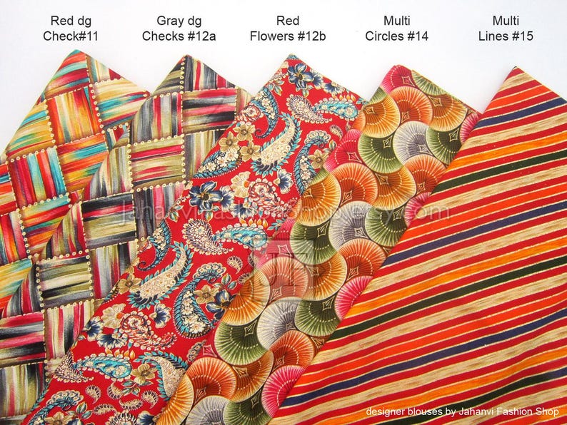 May include: A collection of patterned fabric samples. The samples include red and yellow checks, gray checks, red floral paisley, multi-colored circles, and red and orange stripes. The text on the image reads "Red dg Check#11", "Gray dg Checks #12a", "Red Flowers #12b", "Multi Circles #14", and "Multi Lines #15".