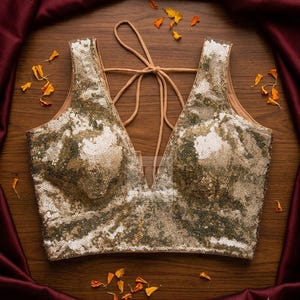 May include: A sleeveless blouse covered in gold and dark green sequins featuring a deep V-neckline and thin beige tie-up straps at the back. The garment has a structured bodice with a shimmering, textured surface and a solid beige interior lining.