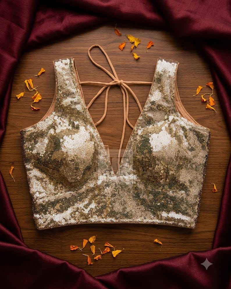 May include: A sleeveless blouse covered in gold and dark green sequins featuring a deep V-neckline and thin beige tie-up straps at the back. The garment has a structured bodice with a shimmering, textured surface and a solid beige interior lining.