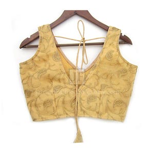 Embroidery Sari Blouse: Golden V Neck - For Bridal Saree, Princess Cut, Padded image 2