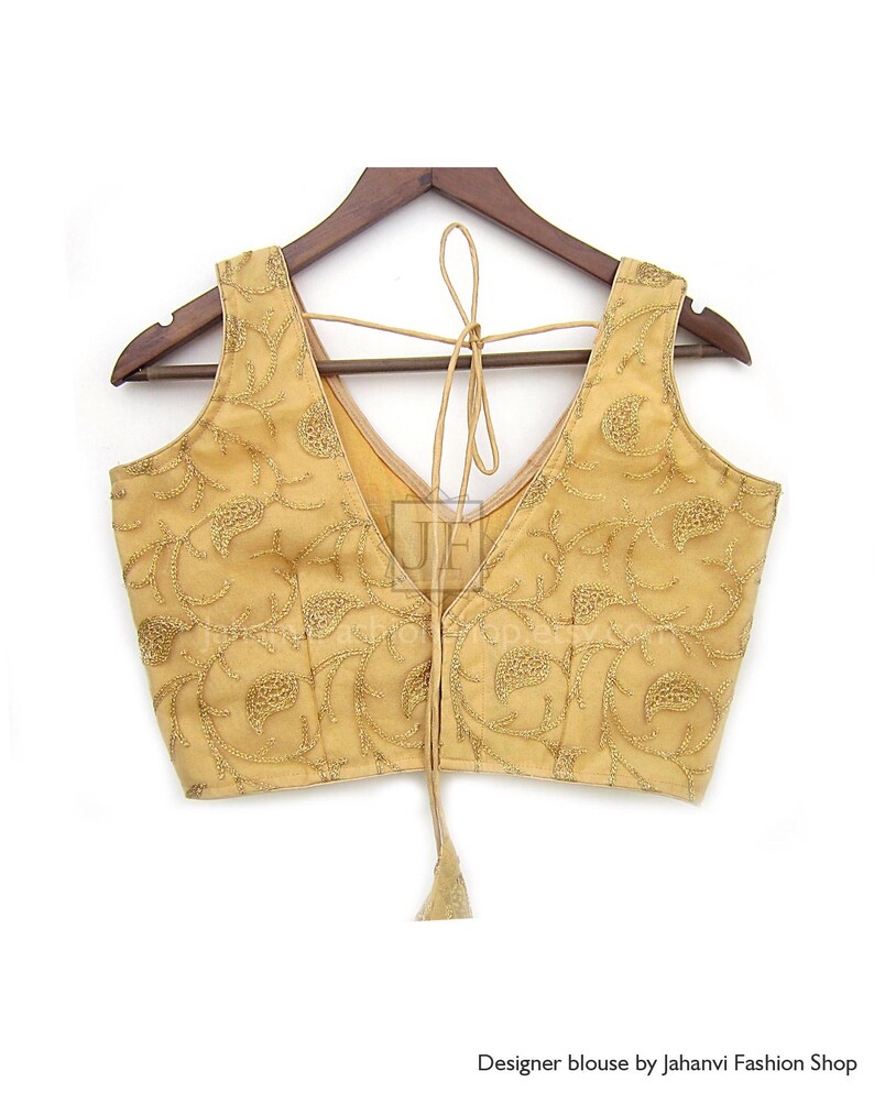 Embroidery Sari Blouse: Golden V Neck - For Bridal Saree, Princess Cut, Padded image 2