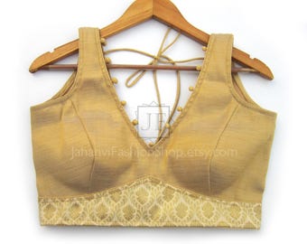V-neck Indian Saree Blouse: Designer Sari Top for Bridal Sari