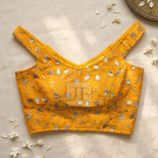Deep Yellow Embroidery Saree Blouse For Women, Off Shoulder Princess Cut Padded Readymade Blouse Party Wear Wedding Indian Ethnic Choli USA