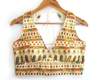 Sabyasachi Rayon Printed Halter Saree Blouse for Women, Custom Made Padded, Back Hook Designer Crop Top, Party Wear, Dance Performance USA