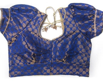 Blue Puff Sleeves Readymade Saree Blouse fabric pattern smooth fabric Sari Blouse Saree Top for women embellished Sari blouse