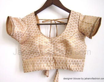 Golden Chanderi Silk Saree Blouse: Short Sleeves Made to Order