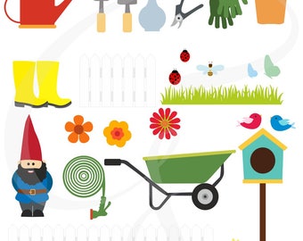 Gardening Clipart Set - garden clip art, flowers, soil, grass, rake, trowel - personal use, commercial use, instant download, scrapbooking