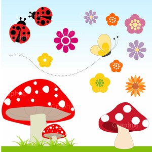 fungo,digitali,immagini,colorito,coccinella,erba,clipart uso commerciale,partito da stampare,grafica vettoriale bambini,fiori,funghi