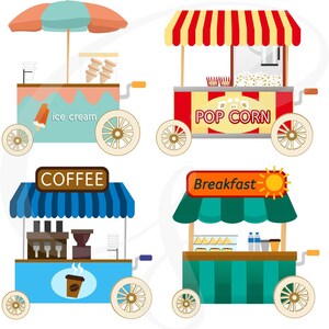 アイスクリームカートのクリップアート、ポップコーンカートのクリップアート、コーヒースタンドのクリップアート、商業用、デジタルクリップアート - アイスクリーム、コーヒー、ポップコーン、朝食