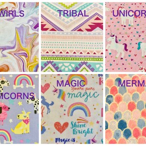 K&ouml;nnte beinhalten: Eine Collage aus zehn verschiedenen Stoffmustern mit verschiedenen Mustern und Farben. Die Muster umfassen Wirbel, Tribal-Muster, Einh&ouml;rner, Hunde-Einh&ouml;rner, Regenb&ouml;gen, Magie, Meerjungfrauen und mehr.