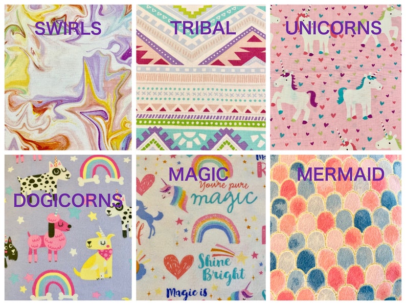 K&ouml;nnte beinhalten: Eine Collage aus zehn verschiedenen Stoffmustern mit verschiedenen Mustern und Farben. Die Muster umfassen Wirbel, Tribal-Muster, Einh&ouml;rner, Hunde-Einh&ouml;rner, Regenb&ouml;gen, Magie, Meerjungfrauen und mehr.