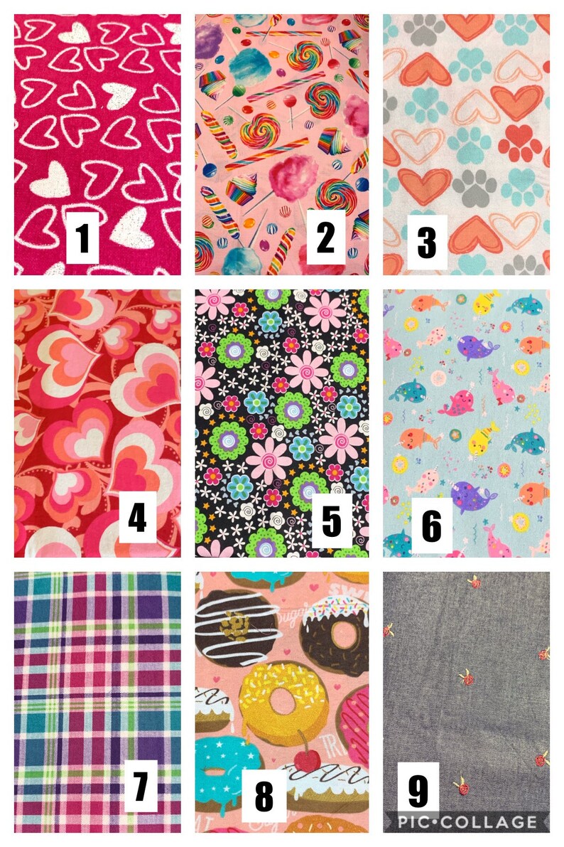 K&ouml;nnte beinhalten: Neun verschiedene Stoffmuster mit den Nummern 1 bis 9. Die Muster zeigen verschiedene Designs, darunter Herzen, S&uuml;&szlig;igkeiten, Blumen, Donuts und Narwale.