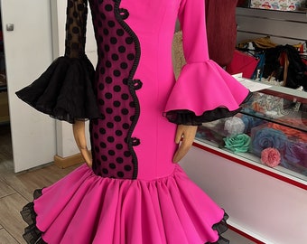 Flamenco dress with bi-elastic fabric and plumeti