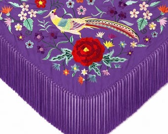 Embroidered shawl with handmade fringe