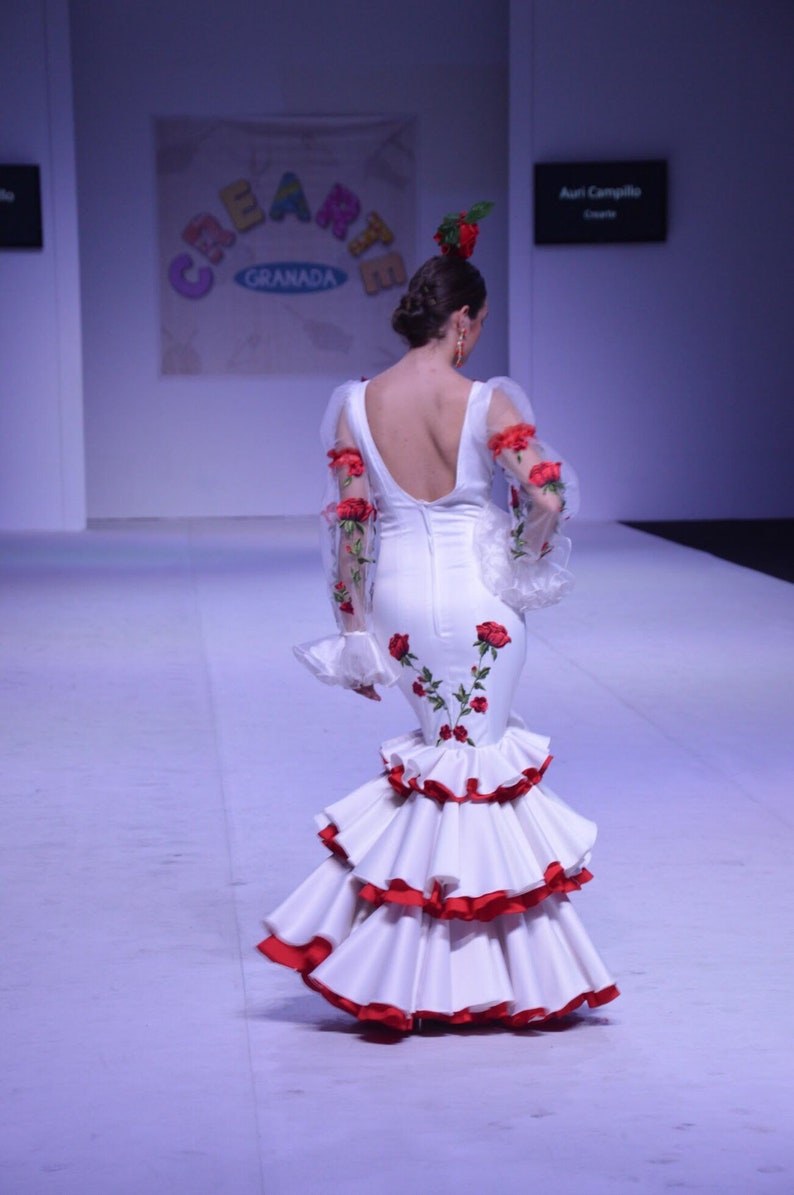 Flamenco dress in stretch satin fabric with embroidered appliqués by Auri Campillo image 3