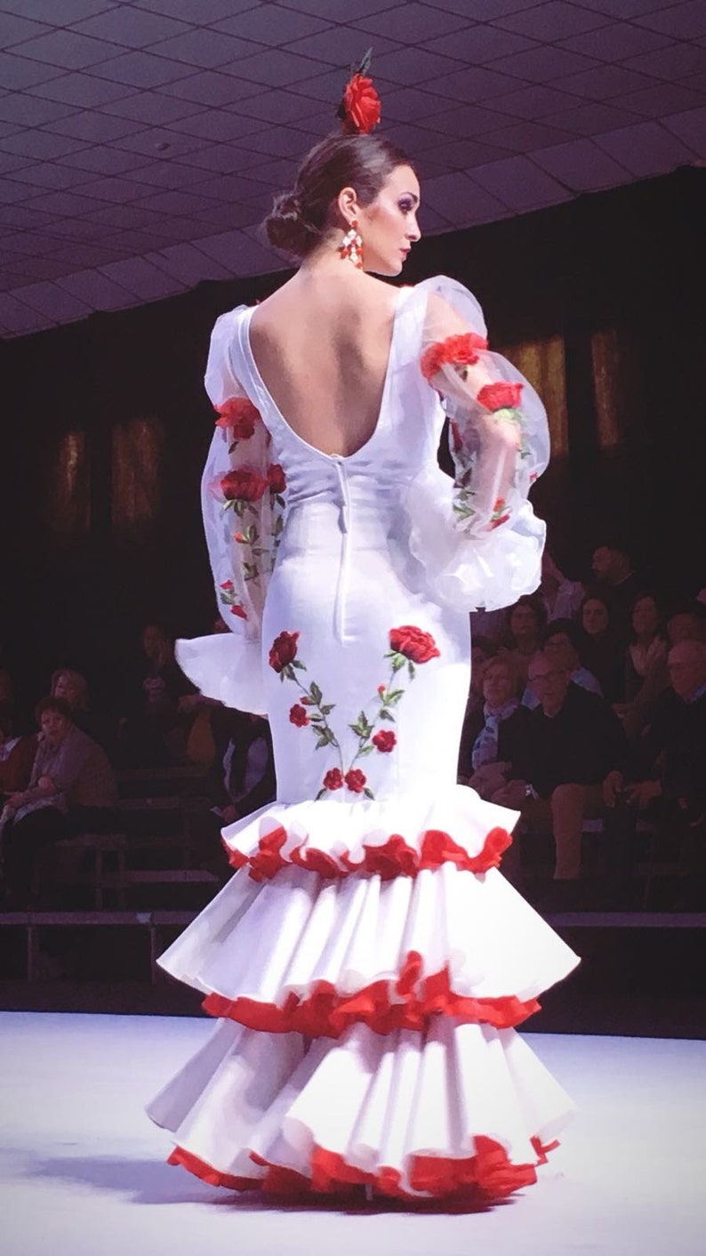 Flamenco dress in stretch satin fabric with embroidered appliqués by Auri Campillo image 2