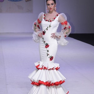 Flamenco dress in stretch satin fabric with embroidered appliqués by Auri Campillo image 1