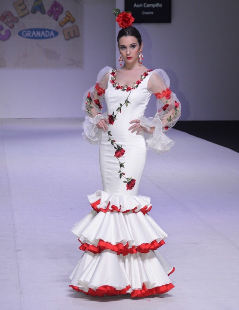 Flamenco dress in stretch satin fabric with embroidered appliqués by Auri Campillo image 1