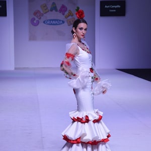 Flamenco dress in stretch satin fabric with embroidered appliqués by Auri Campillo image 4