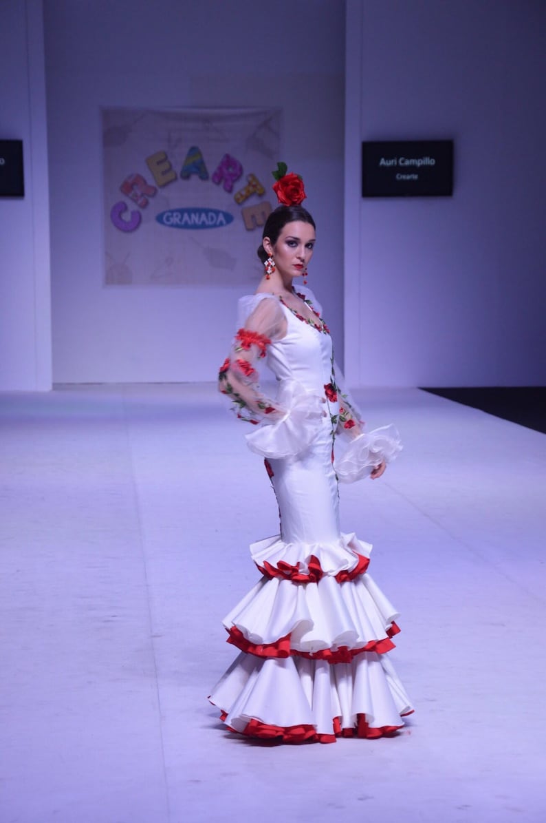 Flamenco dress in stretch satin fabric with embroidered appliqués by Auri Campillo image 4