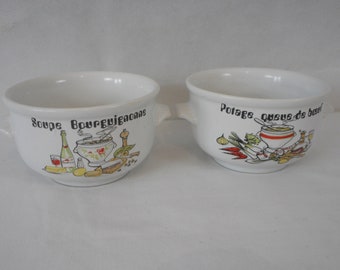 Pair of vintage French heavy ceramic recipe soup bowls / tableware