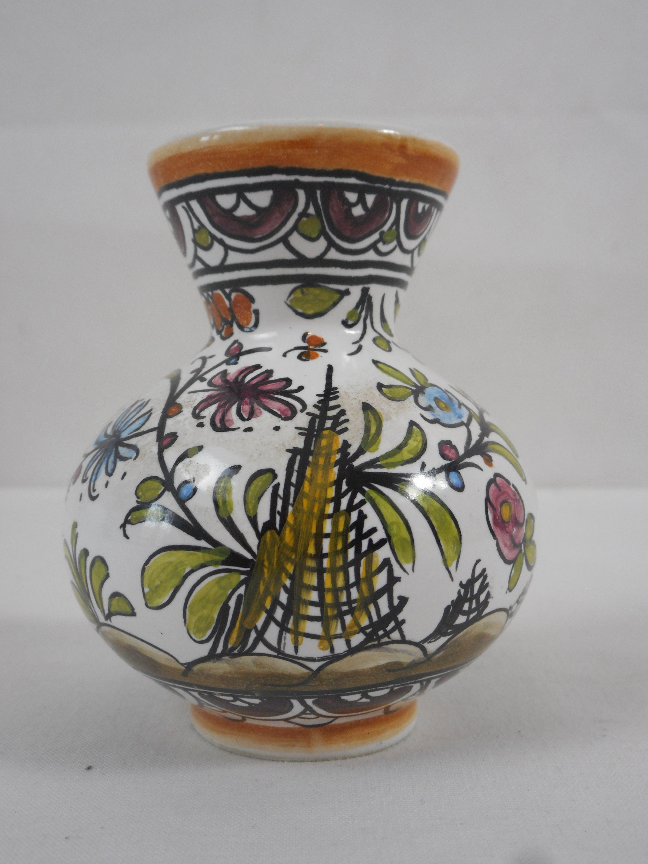 Vintage Portugais Peint à La Main Porcelaine Décorative Petit Vase Miniature