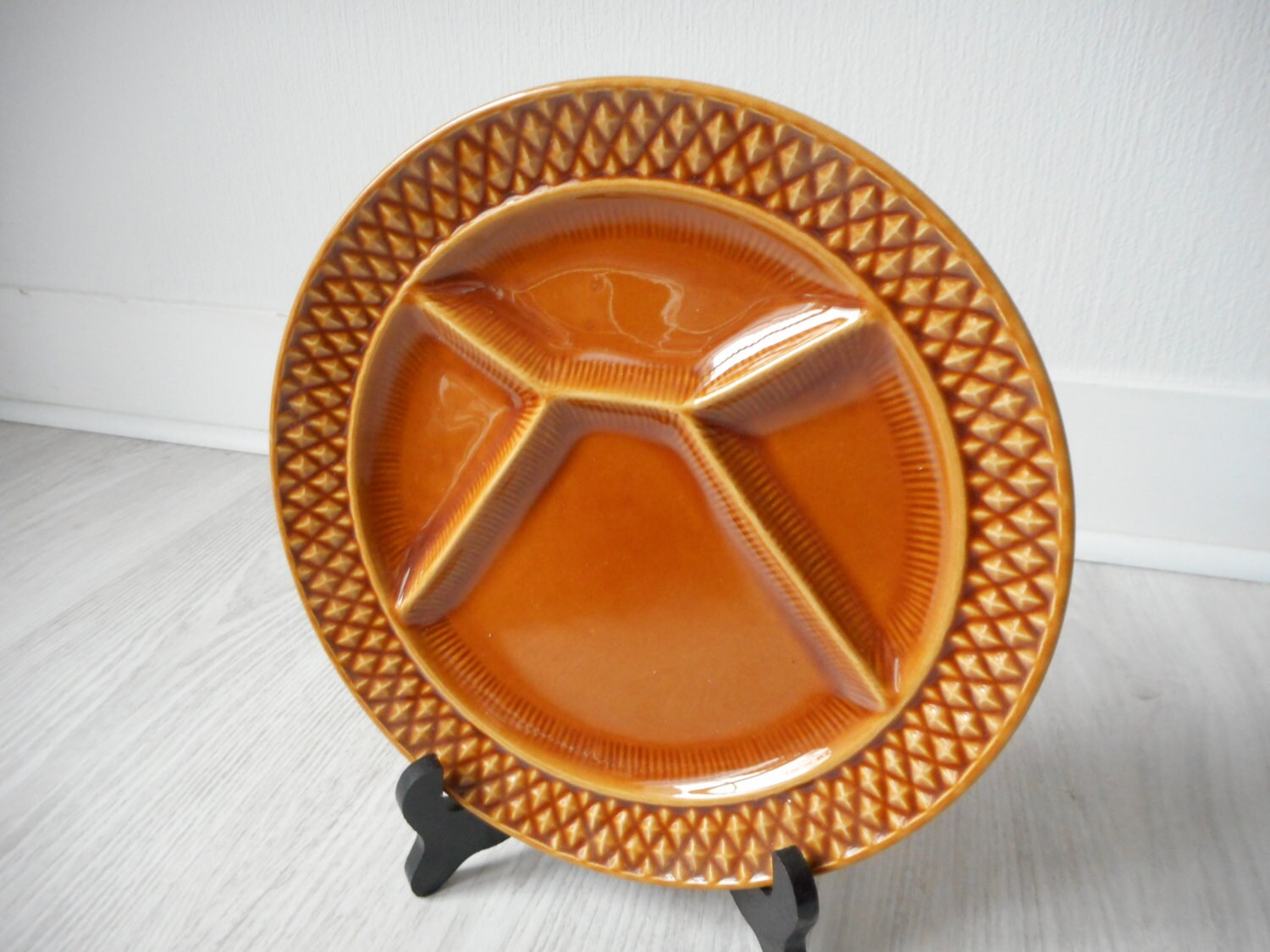 Superbe Occasion Vintage Français Majolique Diviseur/Fondue Assiette de Service