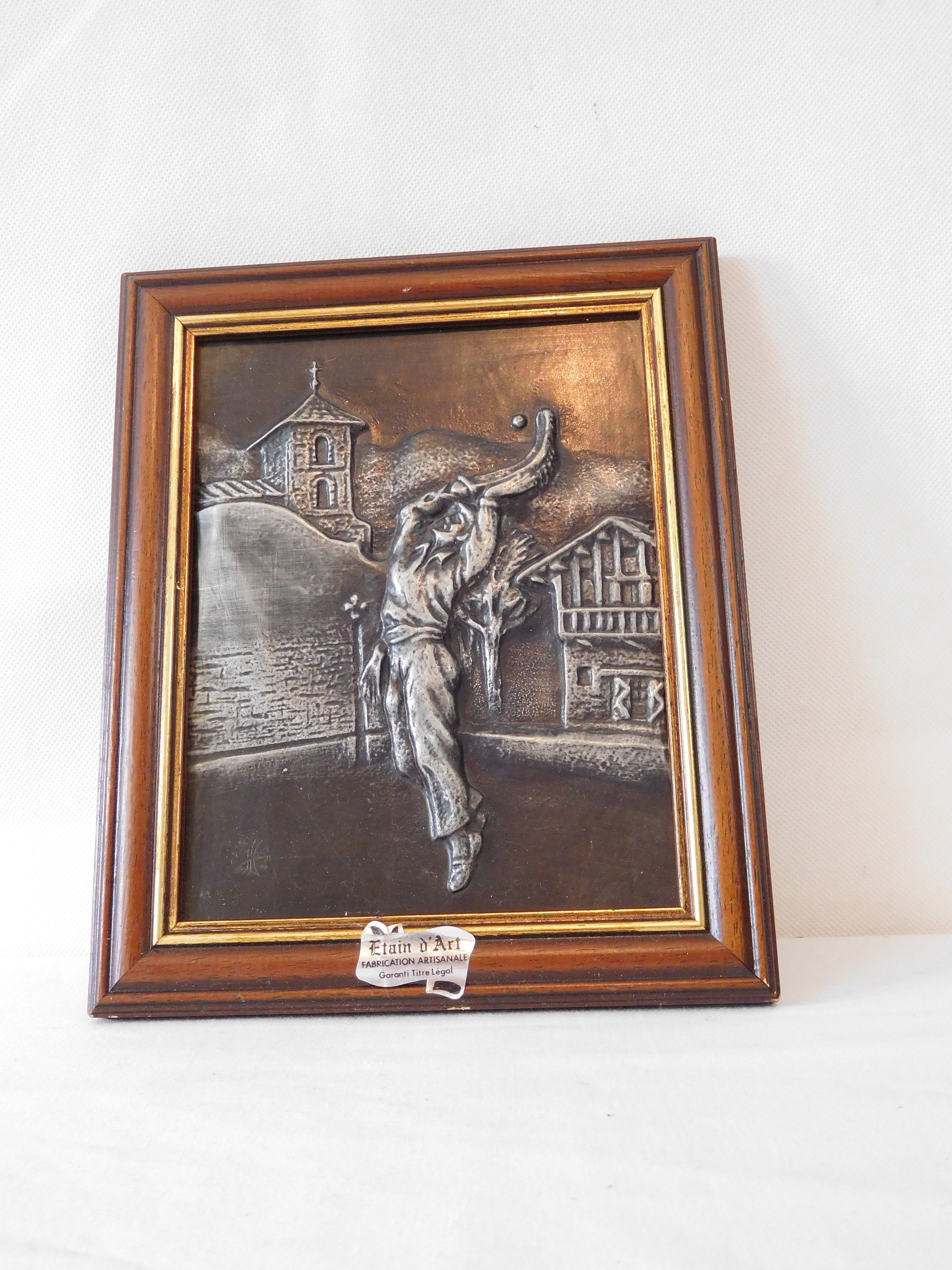 Vintage Français Encadré Petit Murable en Étain Photo/Décor Français