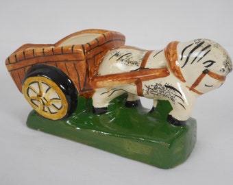 stunning vintage French ceramic and majolica horse and cart figurine / ornament