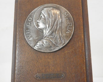 vintage French free standing wood and silver plated metal signed Lourdes religious plaque / picture