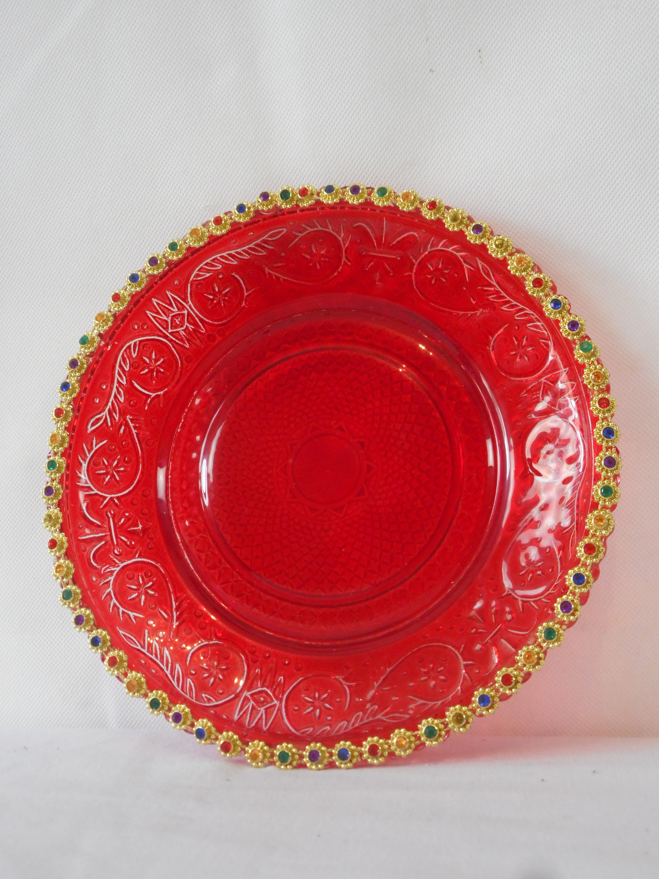 Bol en Verre Rouge Vintage Français/Plat à Grignoter Bibelot Ornement