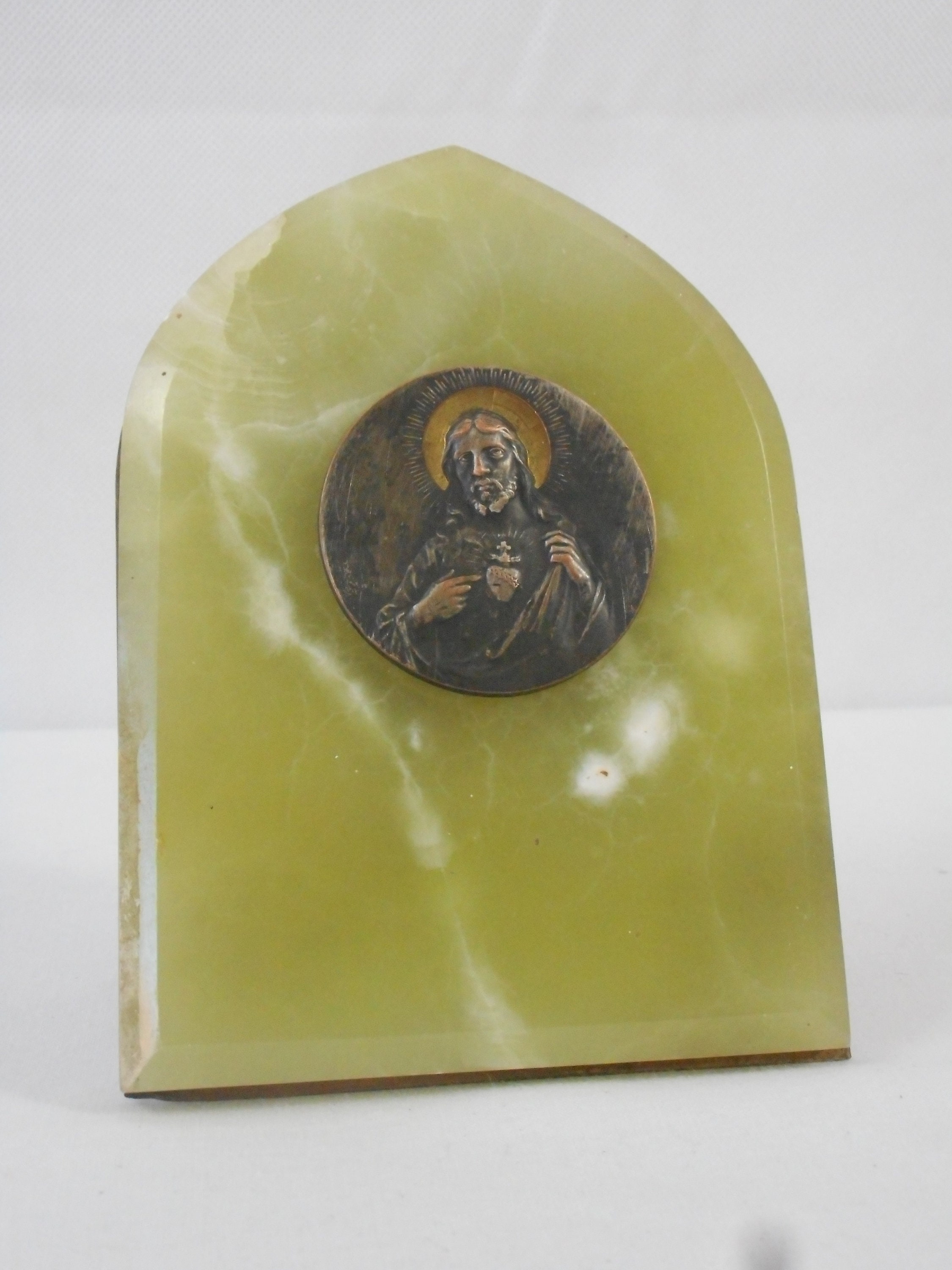 Vintage Français Petite Plaque Religieuse de Lourdes en Marbre et Laiton