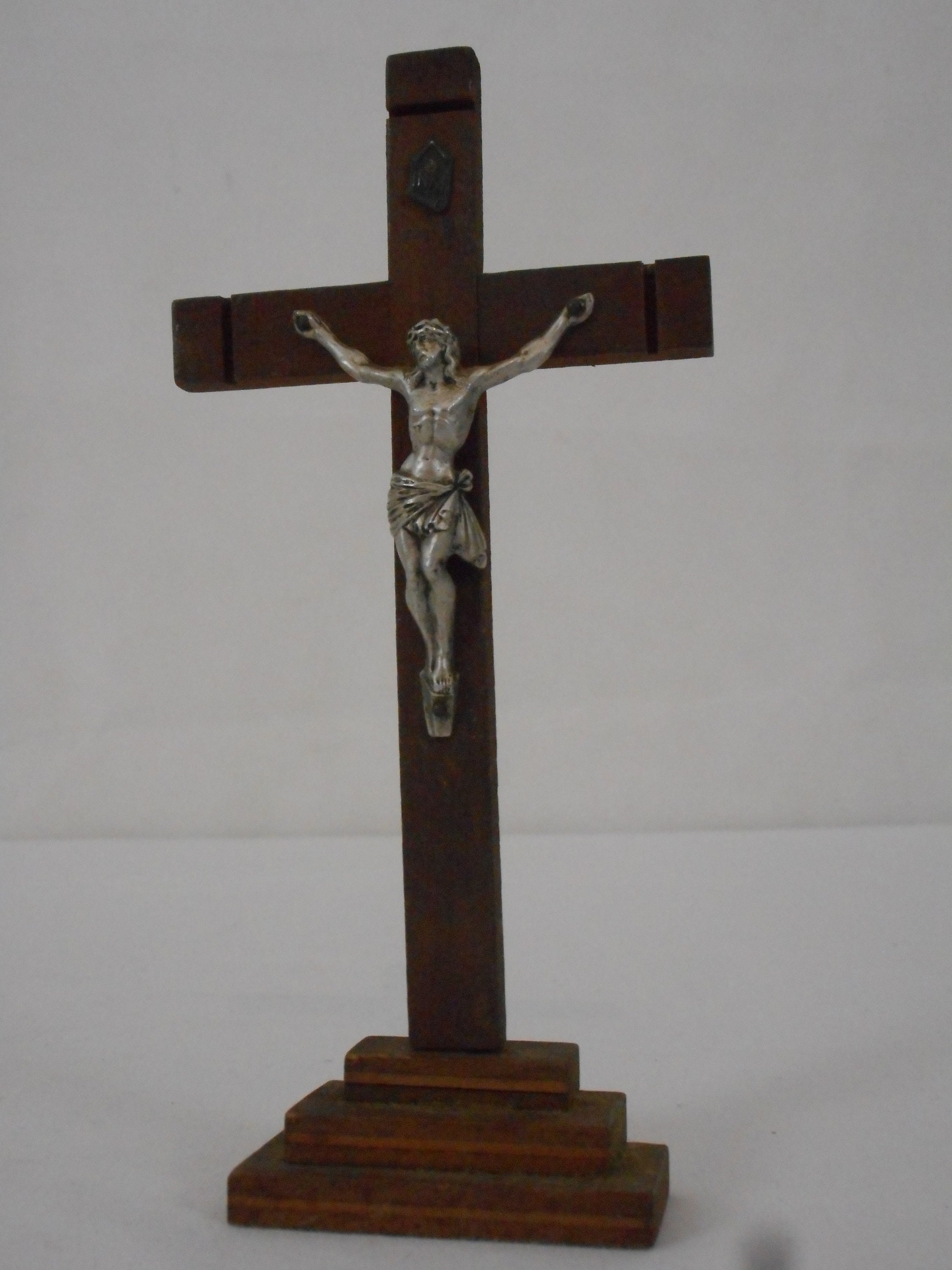 Vintage Français Petit Bois Autoportant Crucifix Religieux/Ornement