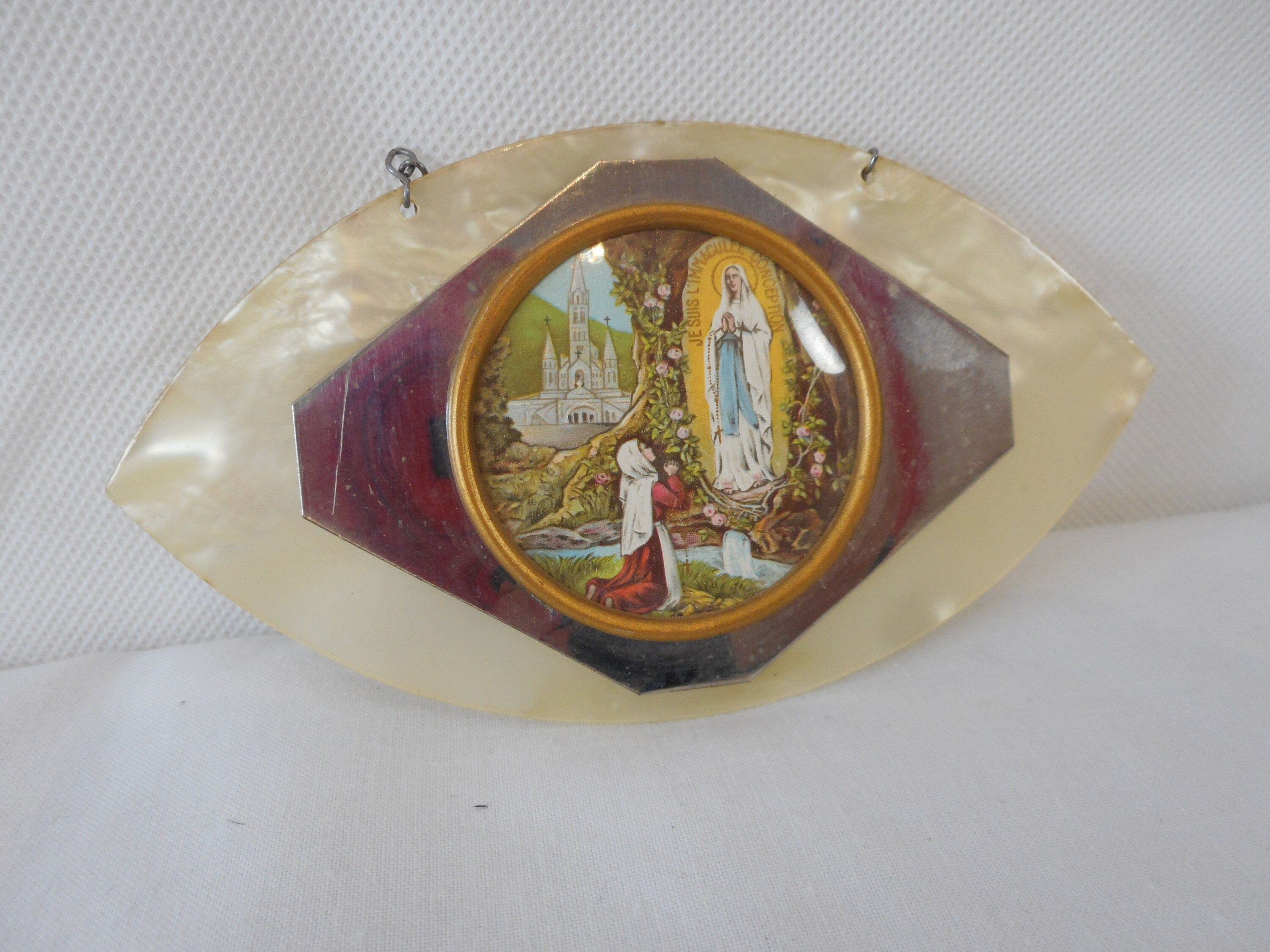 Vintage Français Petite Plaque Religieuse Murale de Lourdes/Photo
