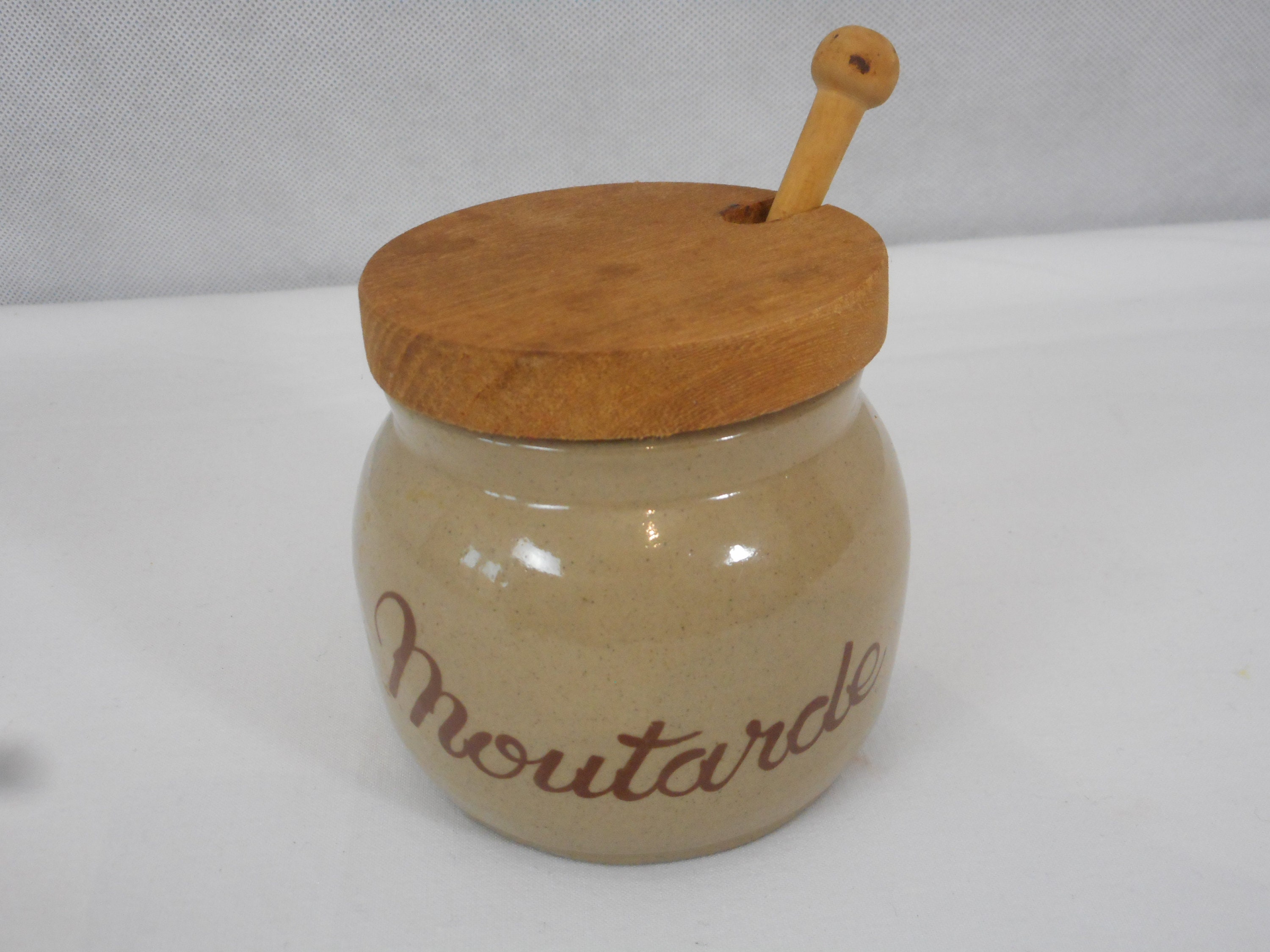 Pot de Moutarde Lidded Vintage en Céramique Anglaise/Potier avec La Cuillère Bois