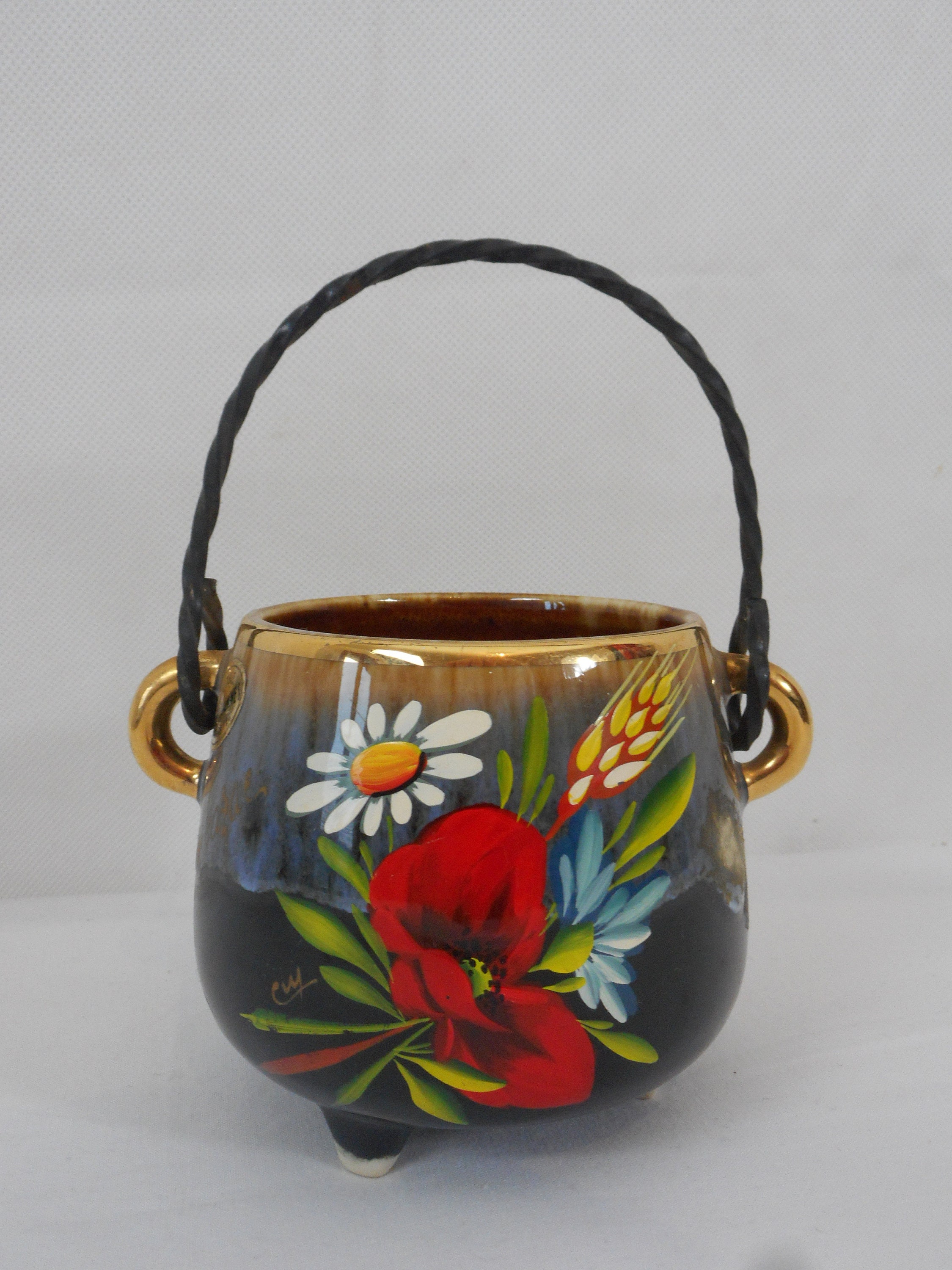 Superbe Vase/Pot en Céramique Vintage Français Peint à La Main