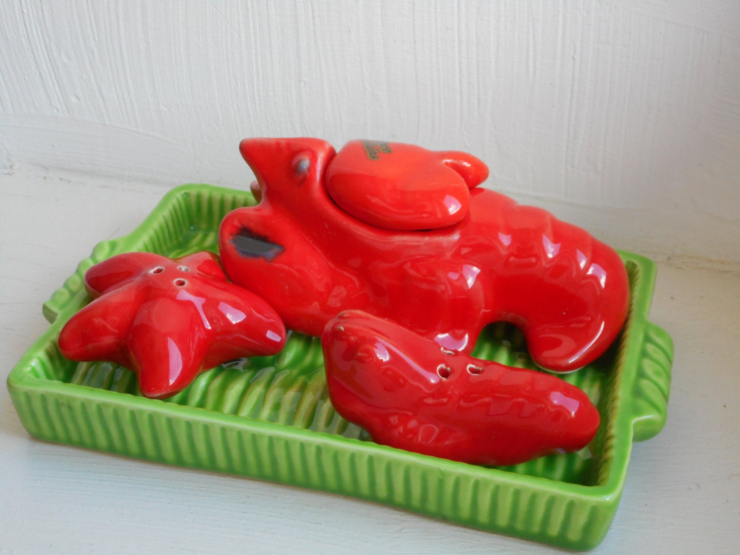 Poterie Émaillée Vintage Français 3 Pièces Ensemble de Condiment Sel/Poivre Moutarde