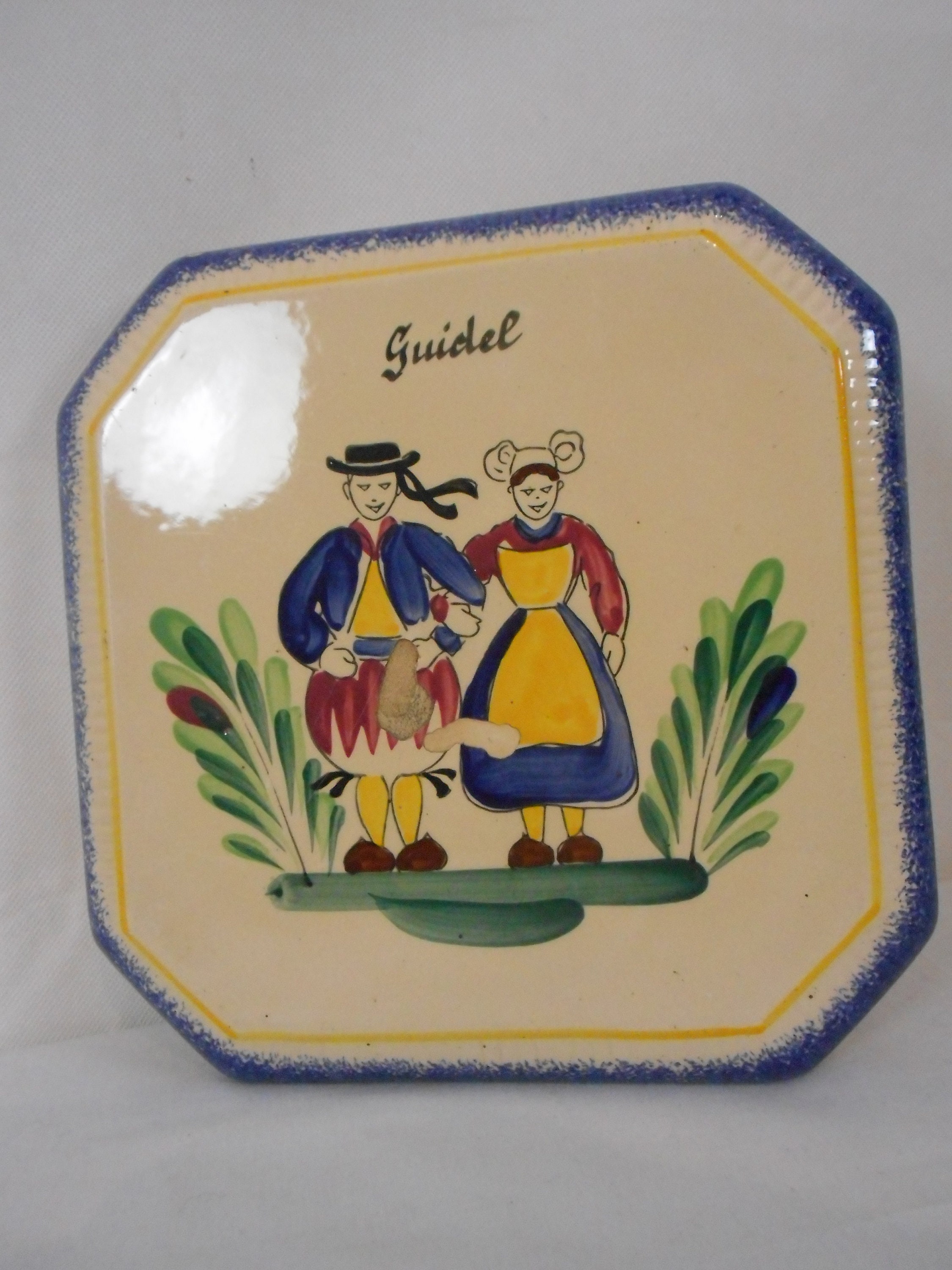 Vintage Français Bretagne Décoratif Carré Forme Céramique Trivet Stand/Pan Stand