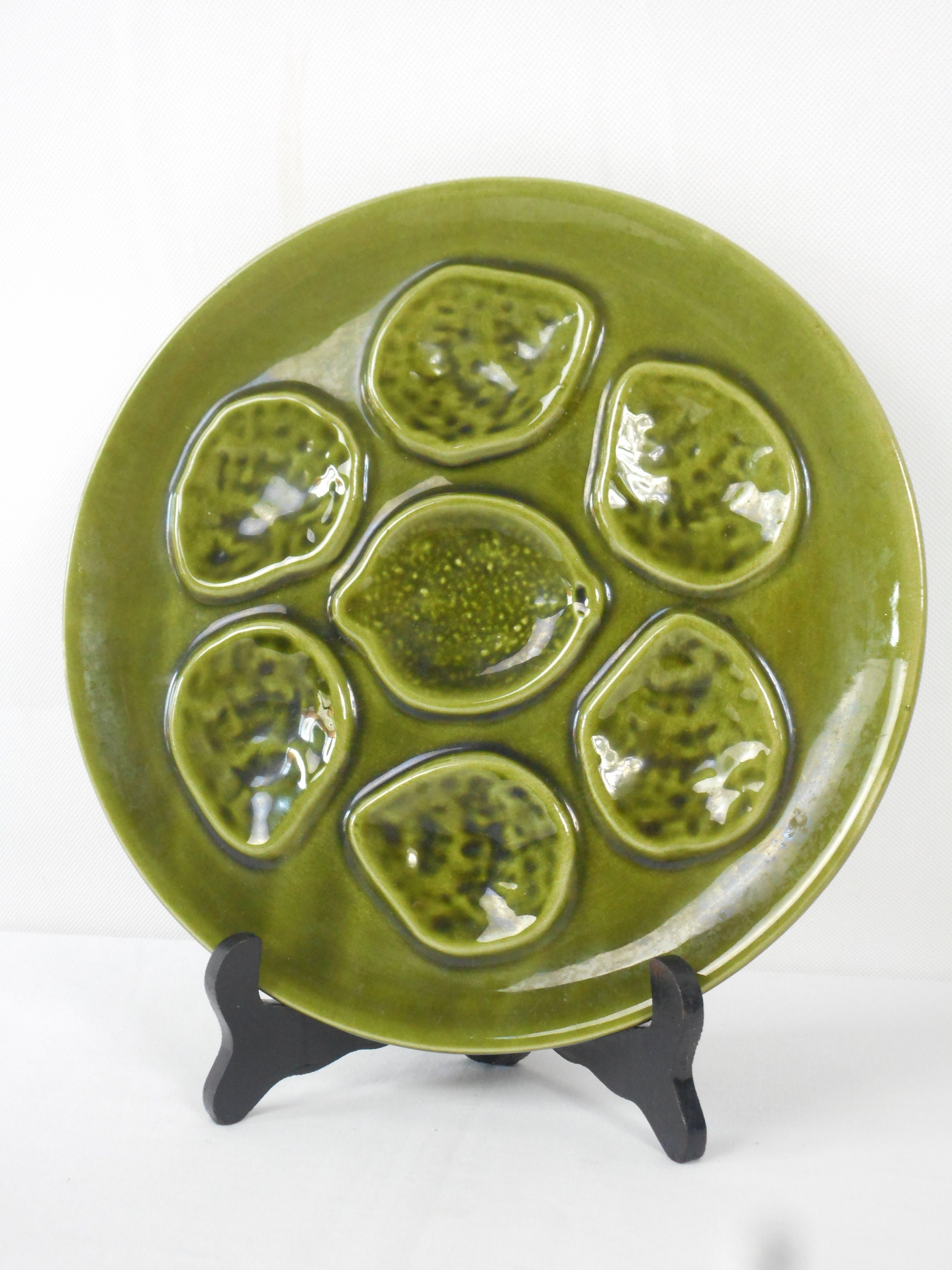 Superbe Vintage Français Poterie Verte Assiette d'huîtres en Majolique Émaillée