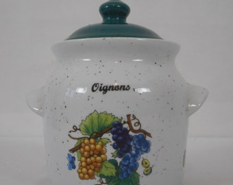 vintage French small ceramic lidded Onion storage jar / pot / kitchenware