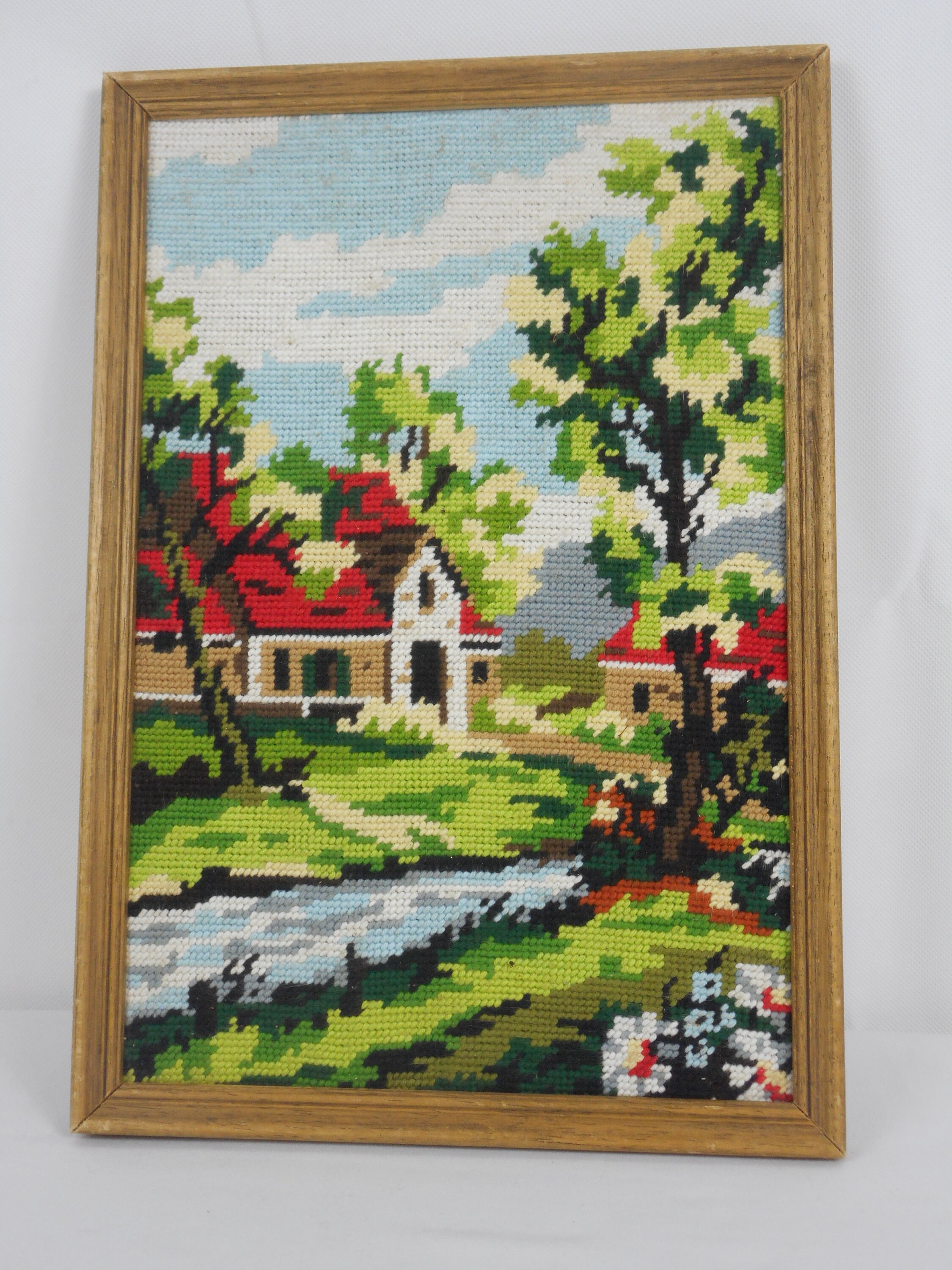 Superbe Français Vintage Tapisserie Encadrée/Image Au Point de Croix