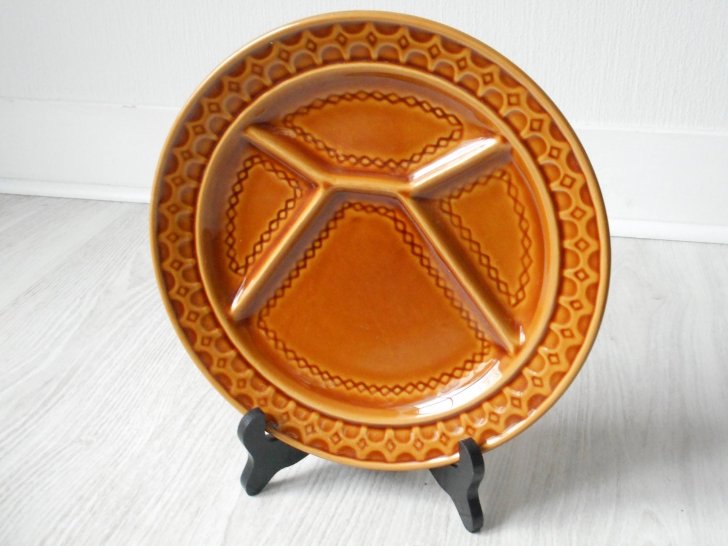 Superbe Occasion Vintage Français Sarreguemines Barbotine Diviseur/Fondue Plaque