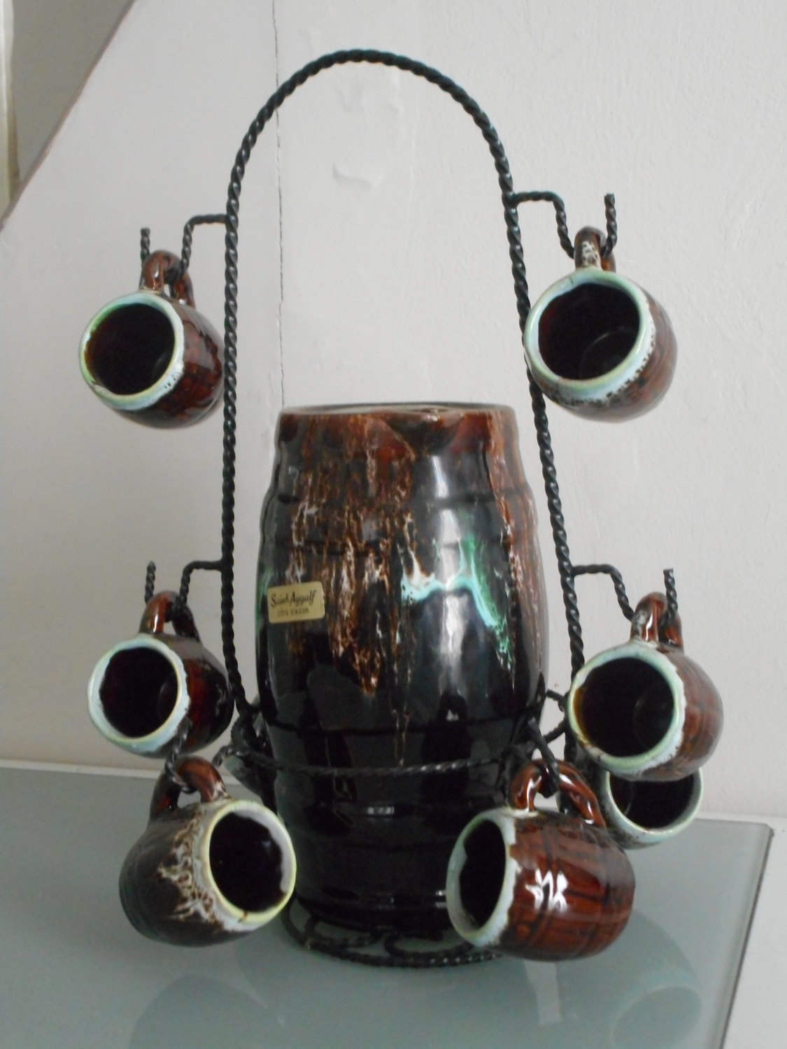 Superbe Ensemble de Liqueurs en Céramique Vintage Français avec Support