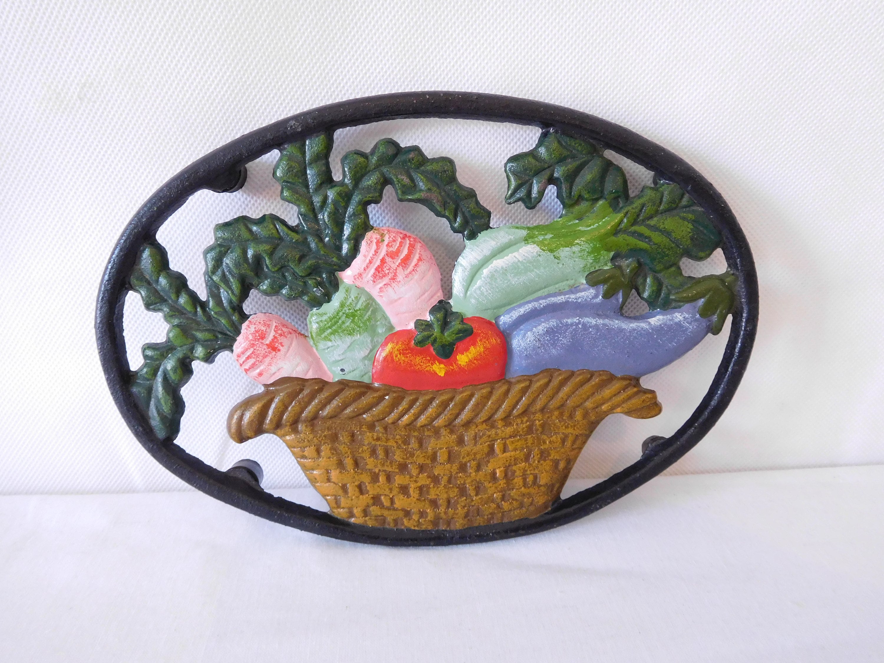 Vintage Français Fonte Peinte à La Main Support de Trivet Forme Ovale/Support Casserole